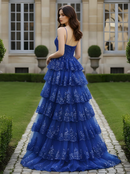 Tiered Ruffle Embellished Spaghetti Strap Gown Royal Blue