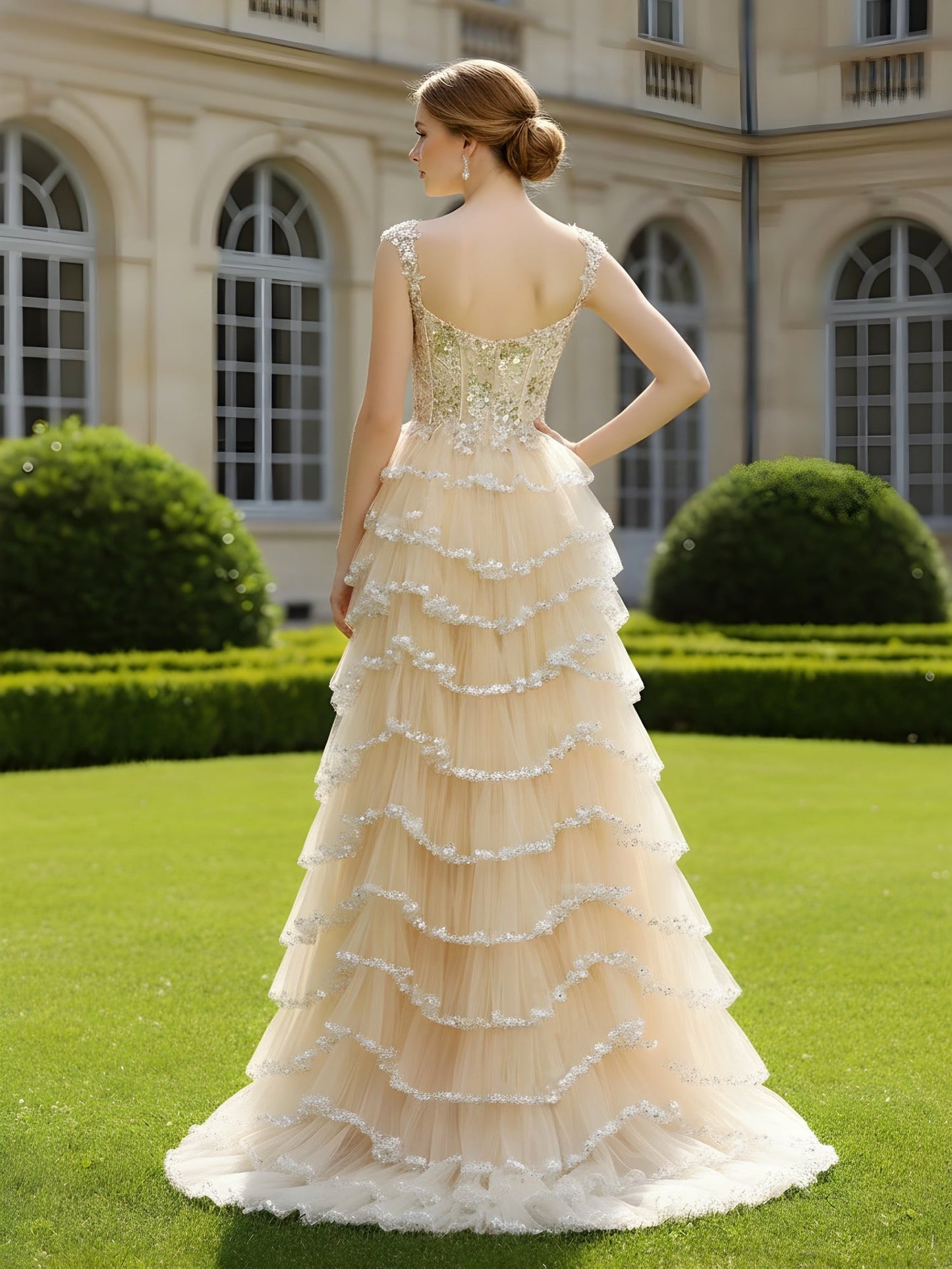 Sequins Bodice Layered Ruffle Ball Gown Champagne