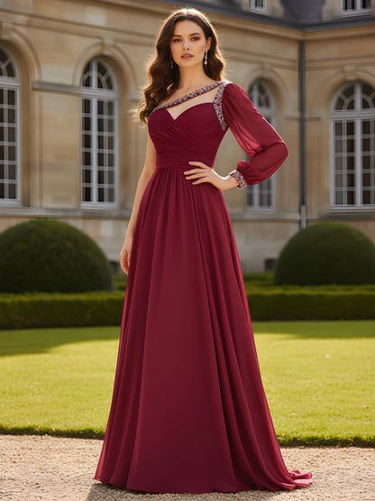 Rhinestone Trim Ruched Bodice A-Line Dress Burgundy