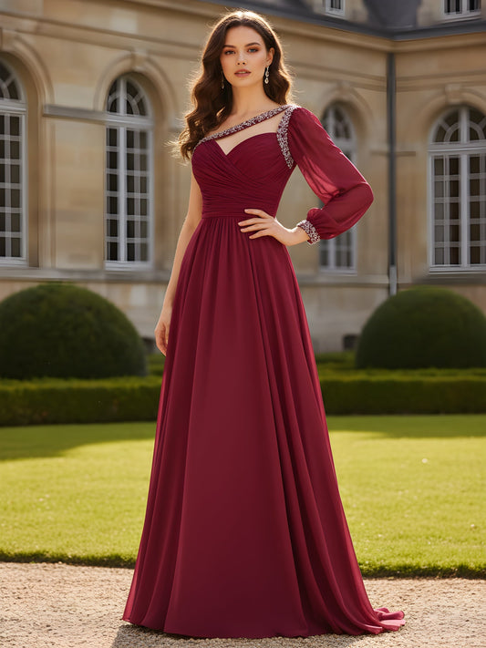 Rhinestone Trim Ruched Bodice A-Line Dress Burgundy