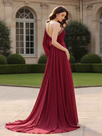 Rhinestone Trim Ruched Bodice A-Line Dress Burgundy