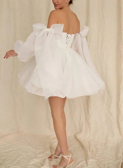 Aimishang Elegant A-Line Puff Long Sleeves Short Wedding Dresses With Bows