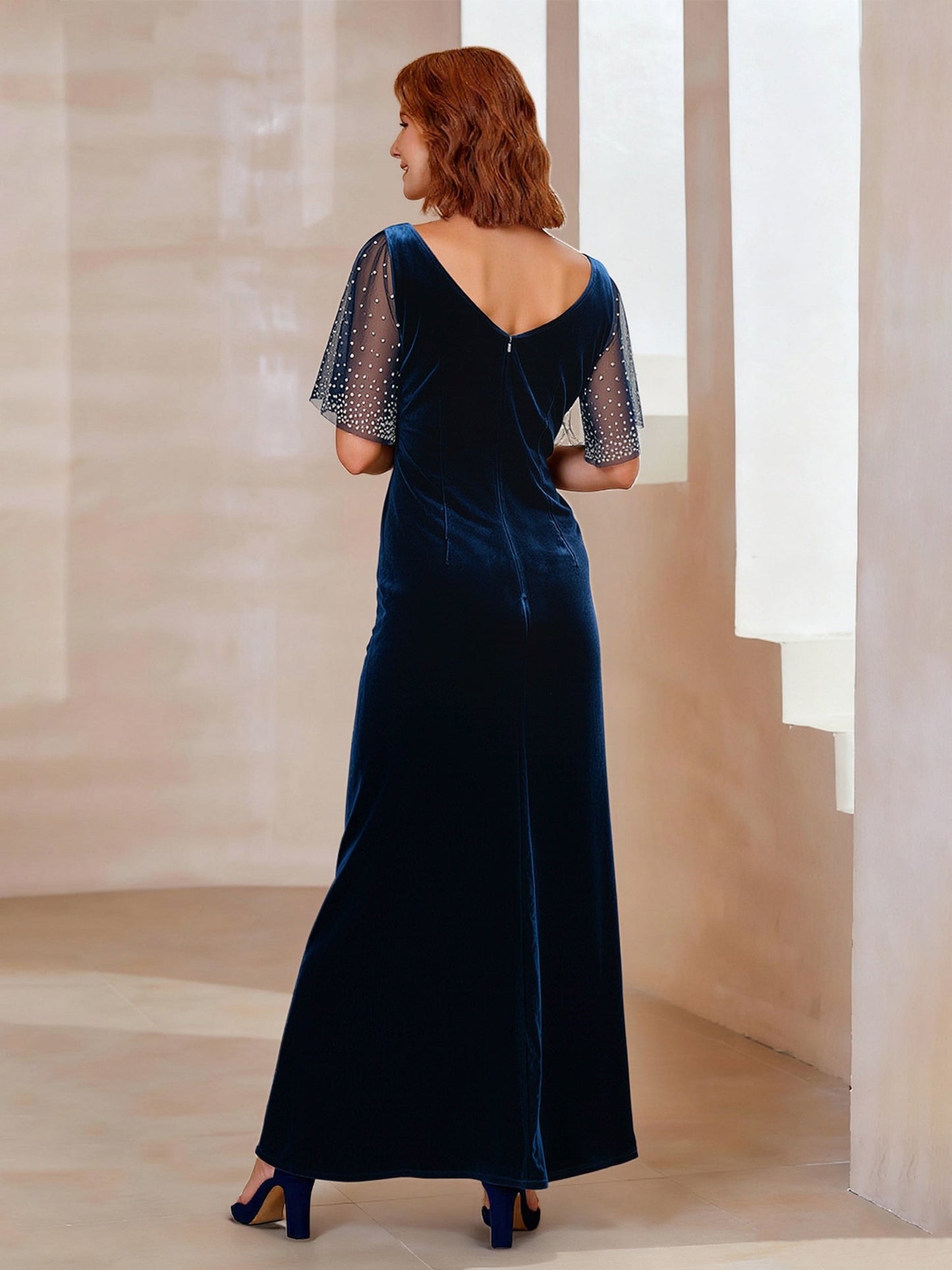 Scoop Neck Beaded Sleeves Velvet Long Dress With Slit Navy Blue