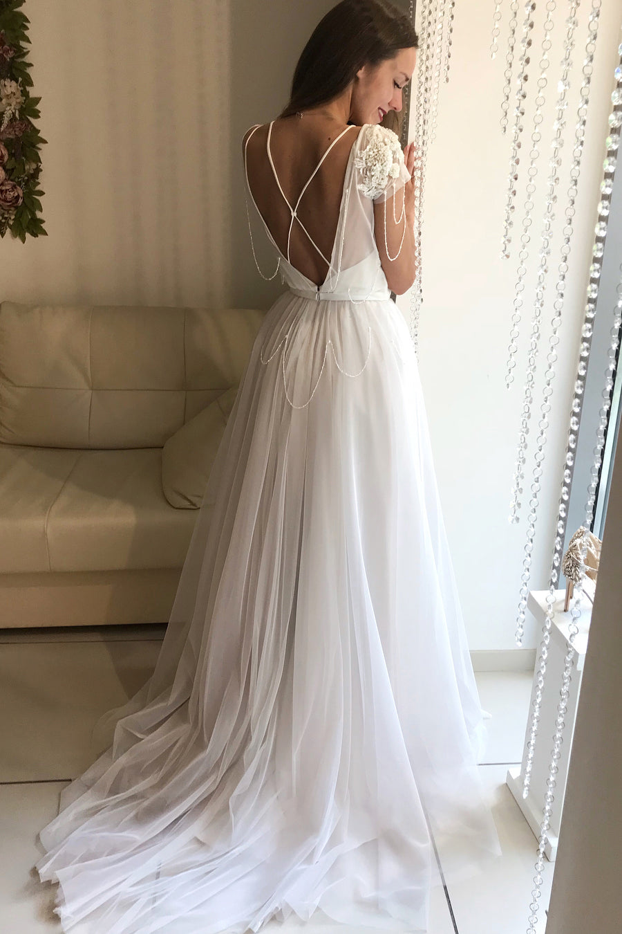 Princess Short Sleeves A-line White Wedding Dress with Lace Top