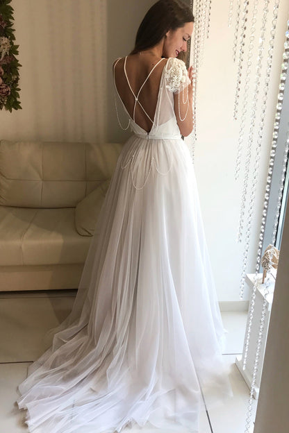 Princess Short Sleeves A-line White Wedding Dress with Lace Top