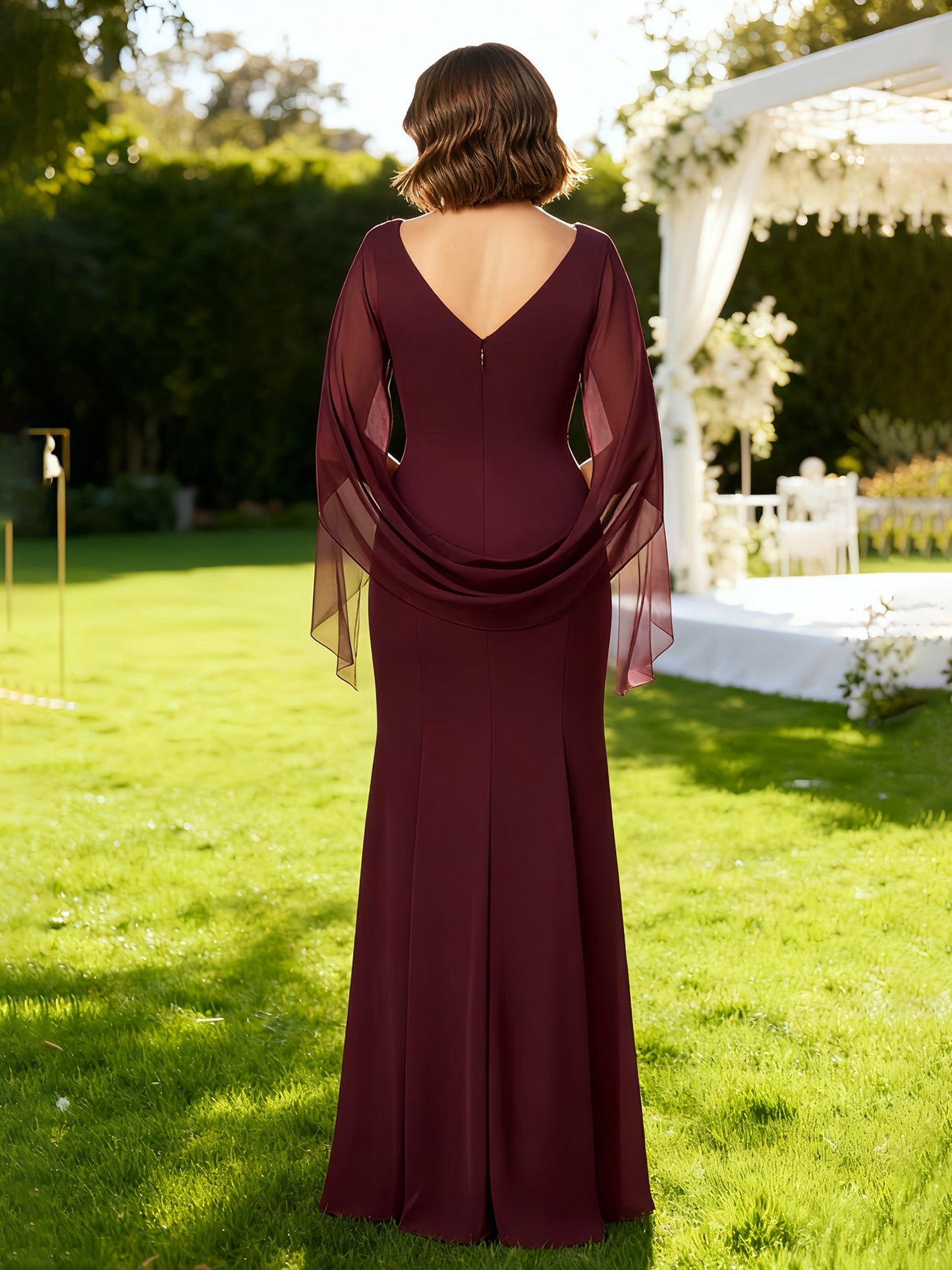 Bateau Neck Cape Sheath Floor-length Dress Cabernet
