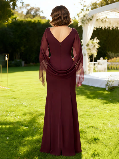 Bateau Neck Cape Sheath Floor-length Dress Cabernet