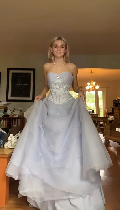 Princess Light Purple Strapless Beaded Tulle Long Ball Gown Evening Dress cc4955