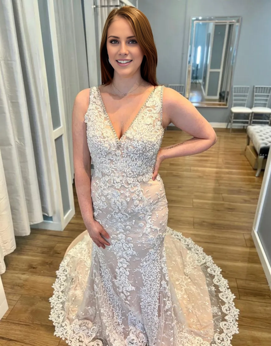 Aimishang Wedding Dress Mermaid V-Neck Court Train Zipper Back Lace With Appliques