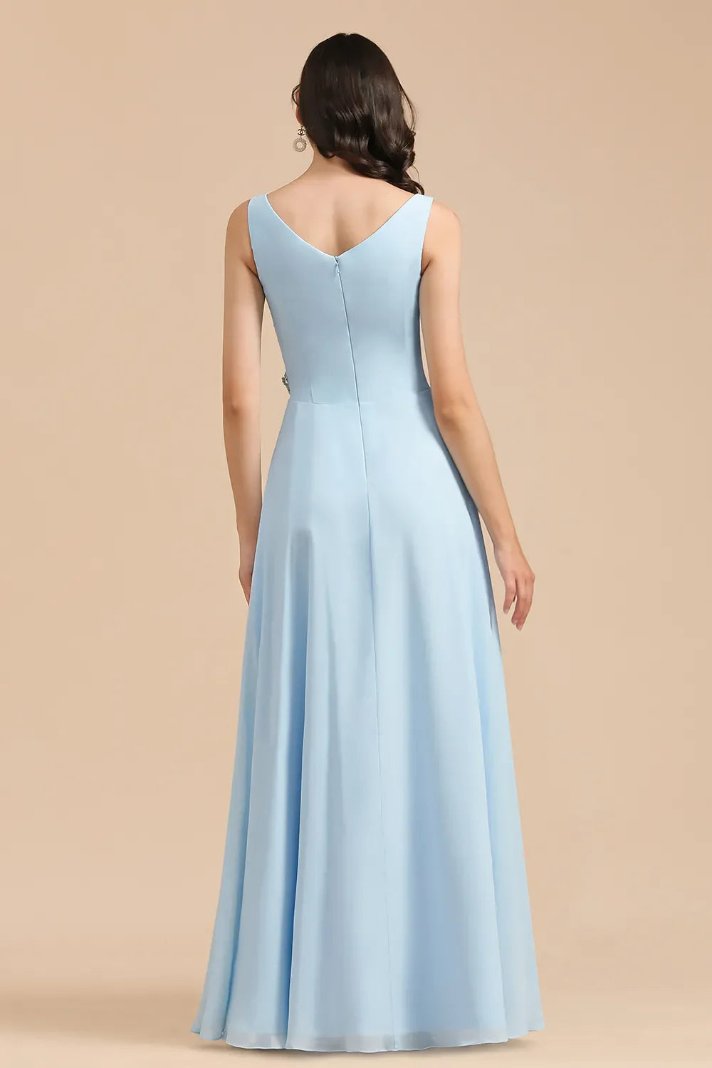 Long A-line V-Neck Ruffle Chiffon Bridesmaid Dress