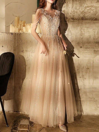 A-Line Sparkle Elegant Wedding Guest Engagement Dress Illusion Neck Short Sleeve Floor Length Tulle with Sequin Tassel Appliques - RongMoon