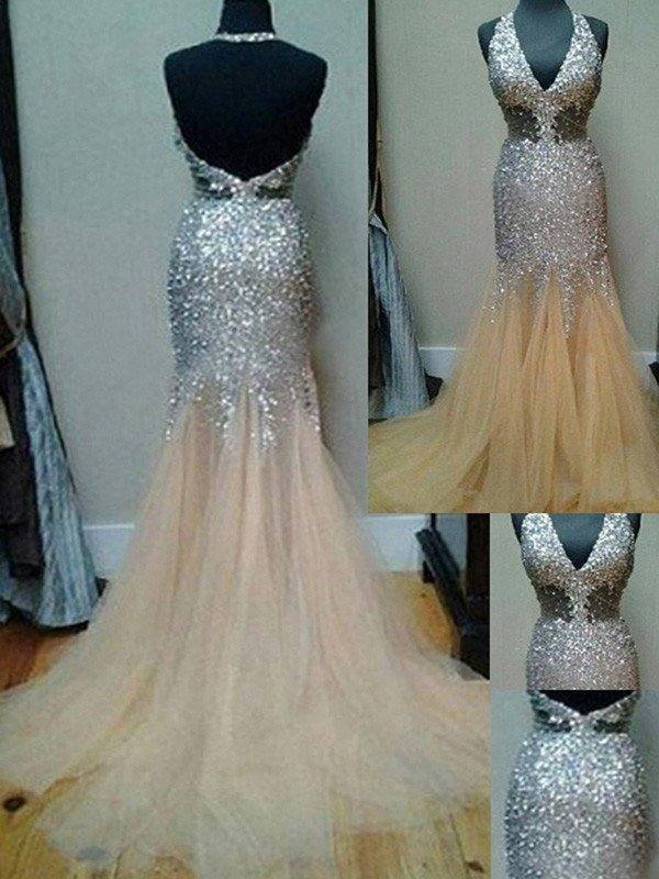 Trumpet/Mermaid Halter Sleeveless Tulle Sequin Court Train Dresses - RongMoon