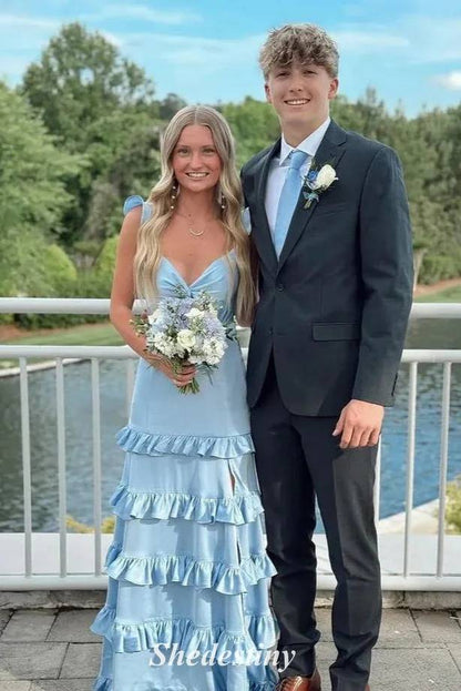 Ruffle Light Blue V-Neck Satin Prom Dress with Straps