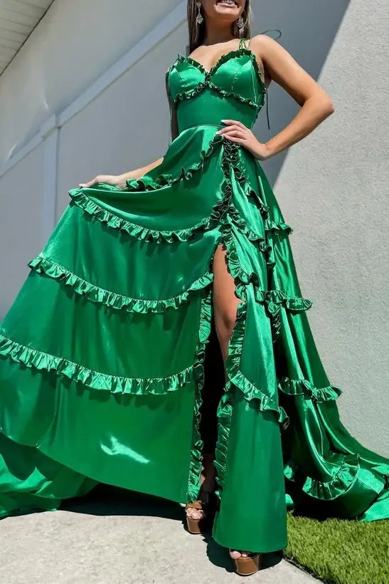 Green Straps A-Line Layere Long Prom Dress