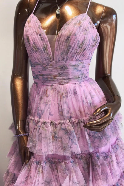 Lilac Print Lace-Up Ruffle Tiered Long Prom Dress