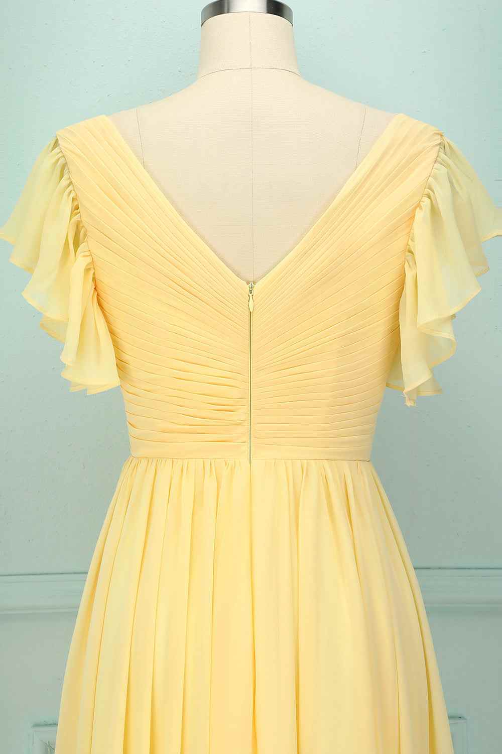 Yellow V-Neck Ruffled Pleated Bridesmaid Dress