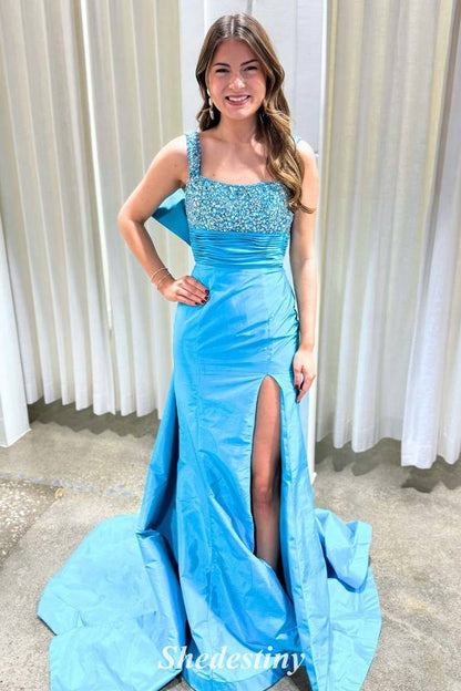 Beaded Corset Fuchsia Mermaid Prom Dress with Bowknot