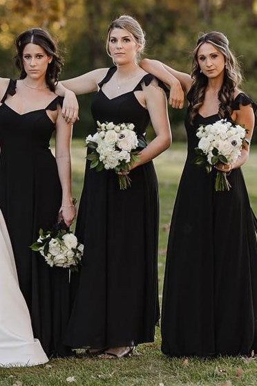 Black Flutter Straps V Neck Chiffon Long Bridesmaid Dress