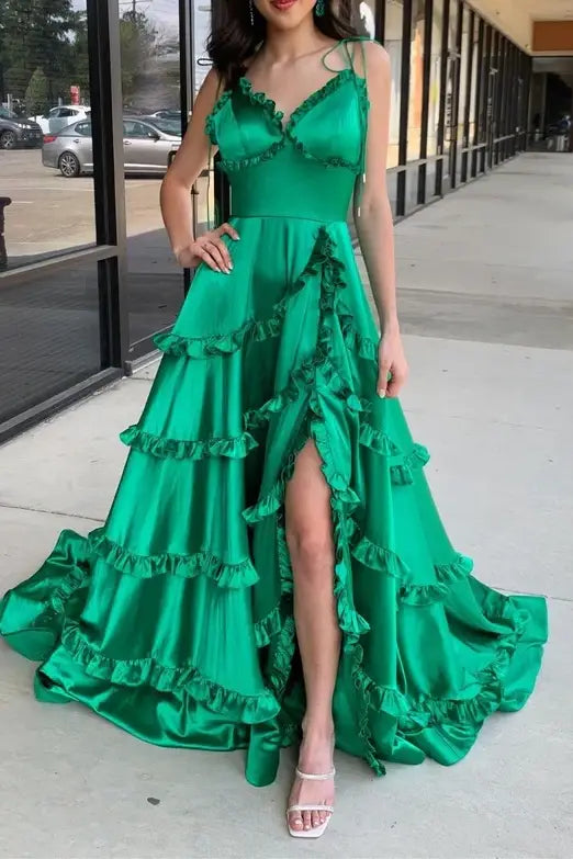 Green Straps A-Line Layere Long Prom Dress