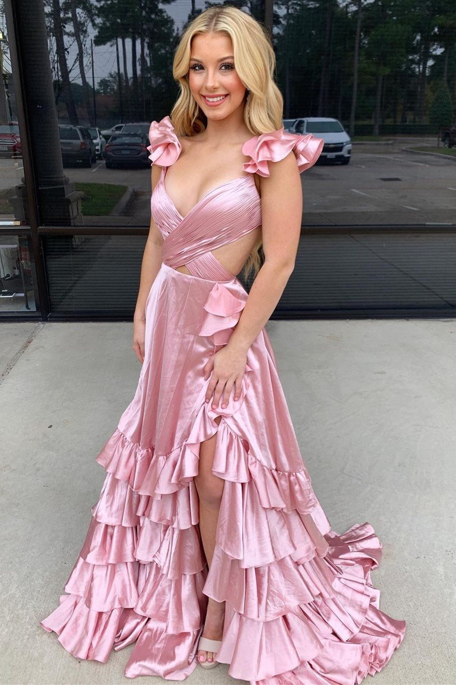 Red Cutout Ruffle A-Line Long Prom Dress with Slit