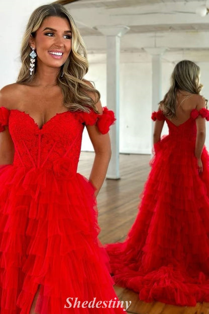 Tulle Red Off the Shoulder A-Line Tiered Ruffles Prom Dress with Slit