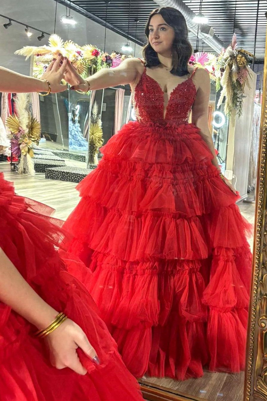 Spaghetti Strap V-Neck Sleeveless Ruffle Tiered Tulle Long Ball Gown