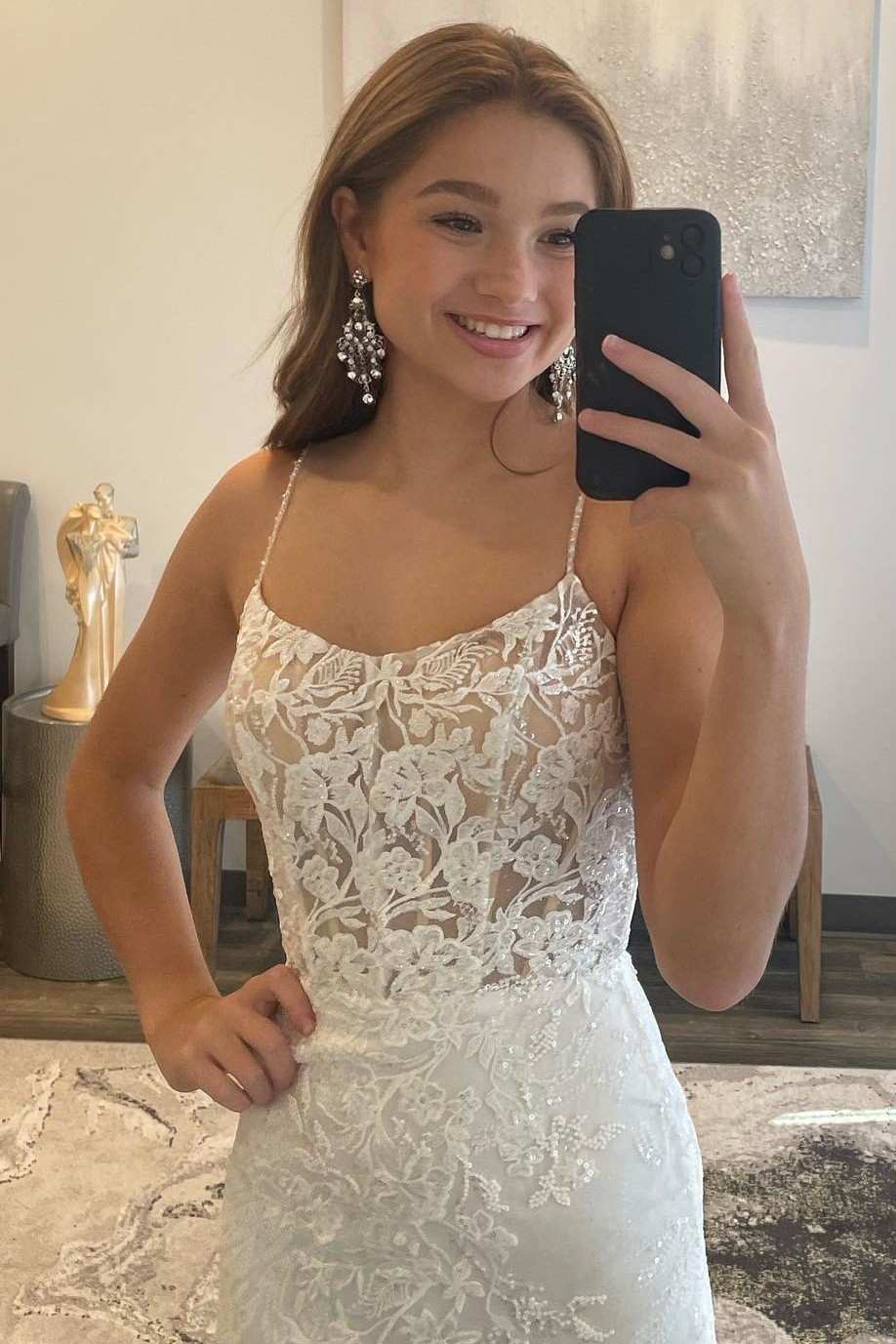 White Floral Lace Scoop Neck Lace-Up Mermaid Long Prom Dress