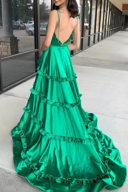 Green Straps A-Line Layere Long Prom Dress
