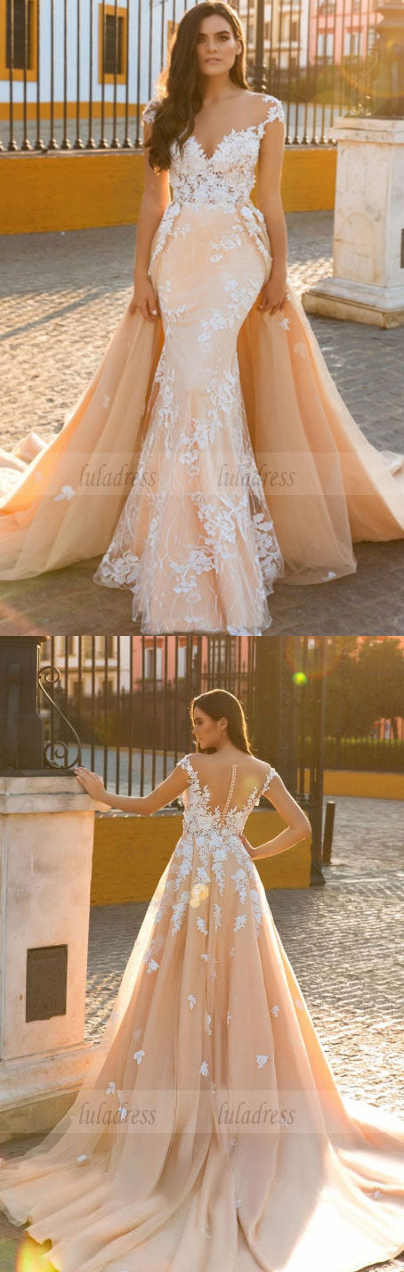 Chiffon Bridal Dress,Wedding Dress With Cap Sleeves,White Brides Dress,Backless Wedding Gowns