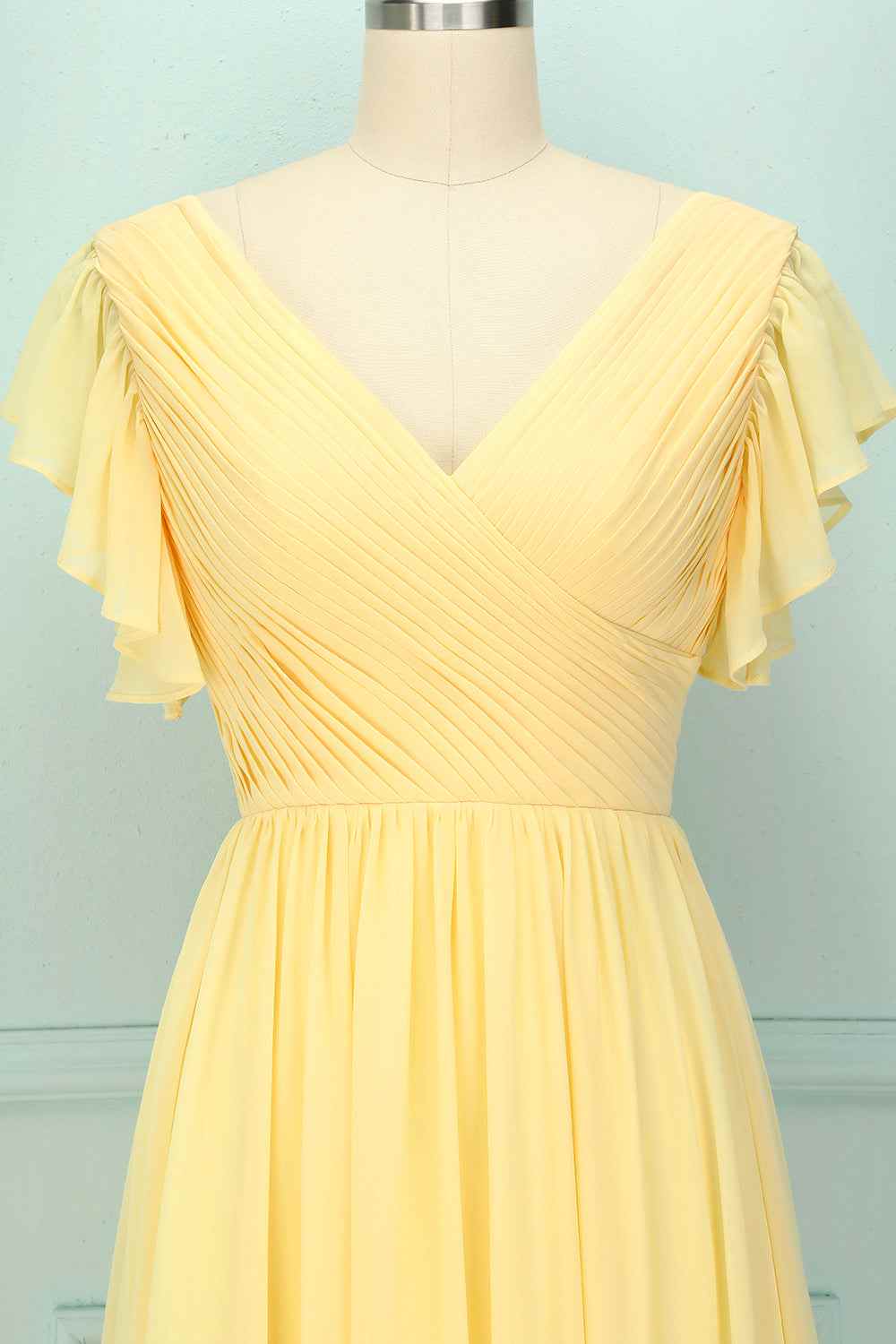 Yellow V-Neck Ruffled Pleated Bridesmaid Dress