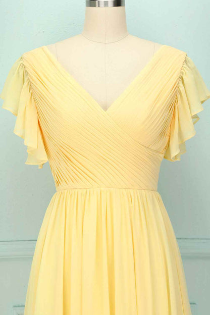 Yellow V-Neck Ruffled Pleated Bridesmaid Dress