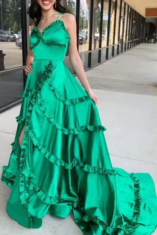 Green Straps A-Line Layere Long Prom Dress