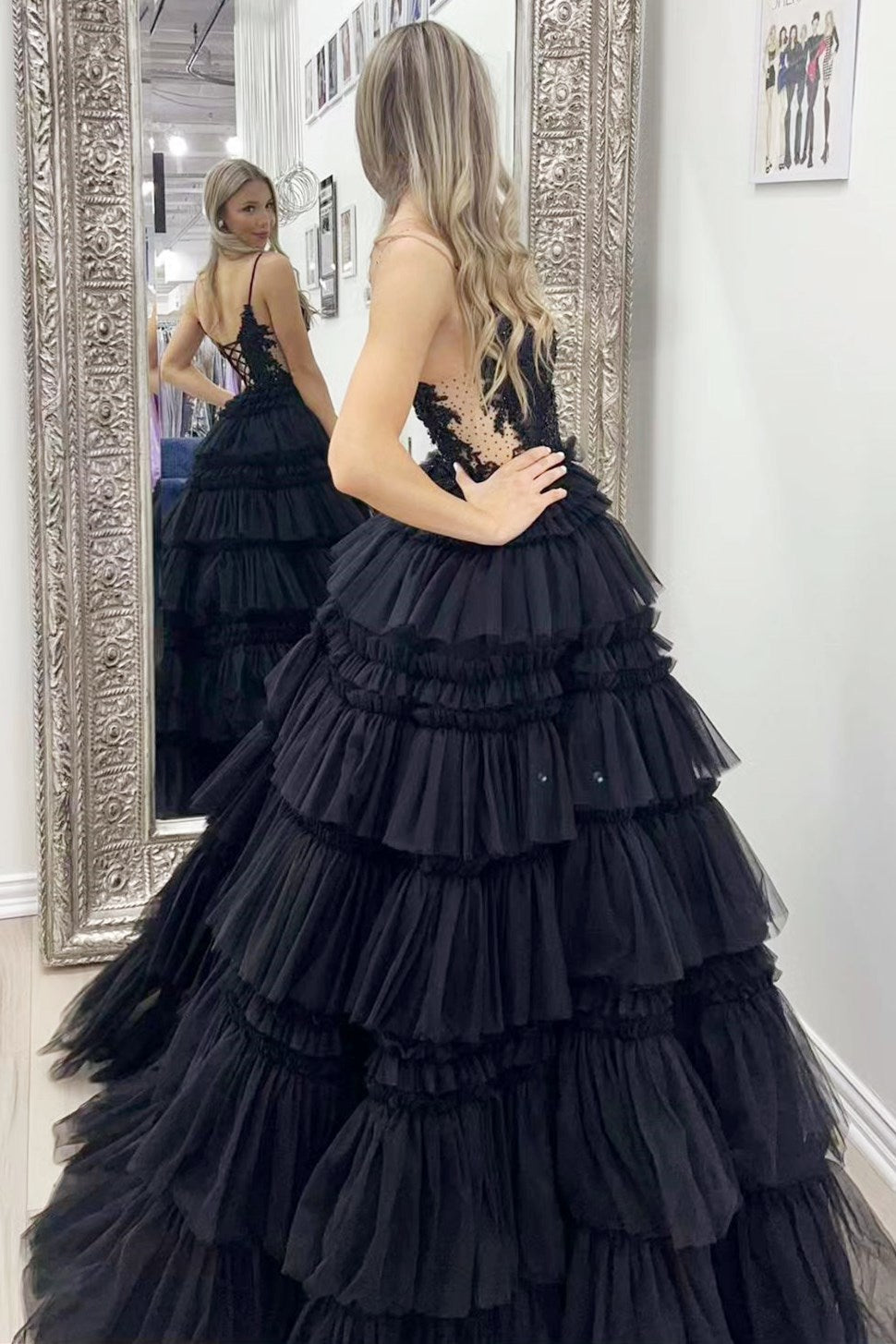 Spaghetti Strap V-Neck Sleeveless Ruffle Tiered Tulle Long Ball Gown