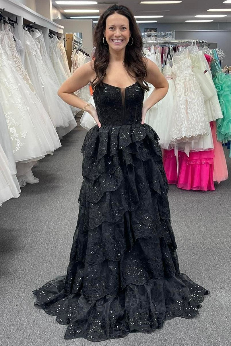 A-Line Tulle Sequin Spaghetti Strap Ruffle Tiered Long Gown with Slit