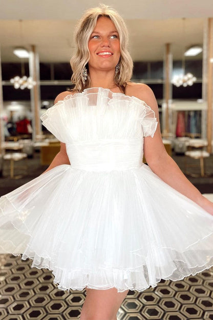 Light Blue Strapless Pleated Short Dress with Ruffles