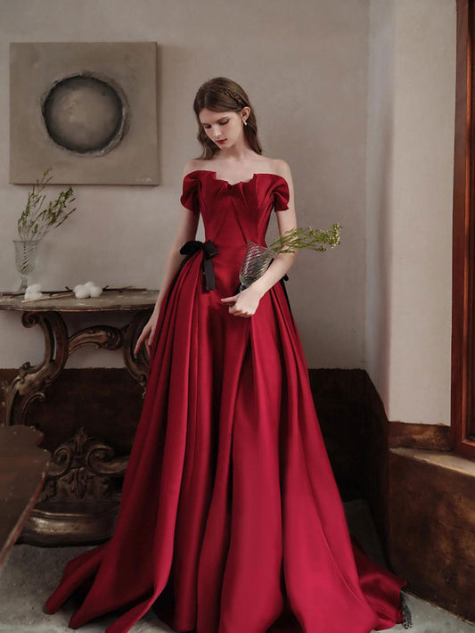Burgundy satin long prom dress, burgundy evening dress