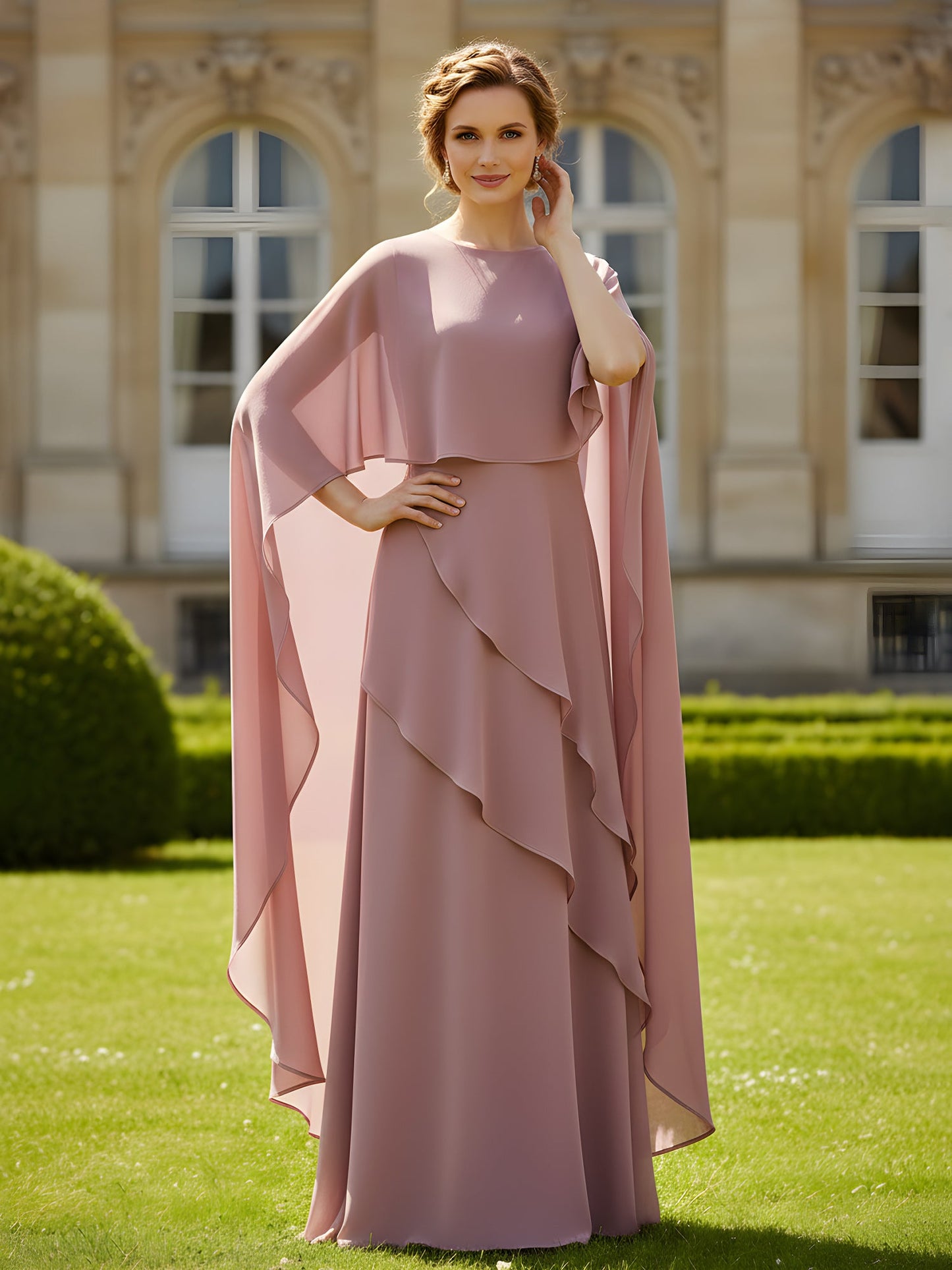 Flutter Sleeves Scoop Neck A-Line Chiffon Dress Dusty Rose