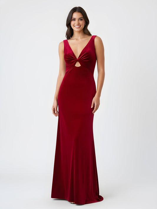 Sheath Deep V-Neck Sleeveless Velvet Dresses Burgundy