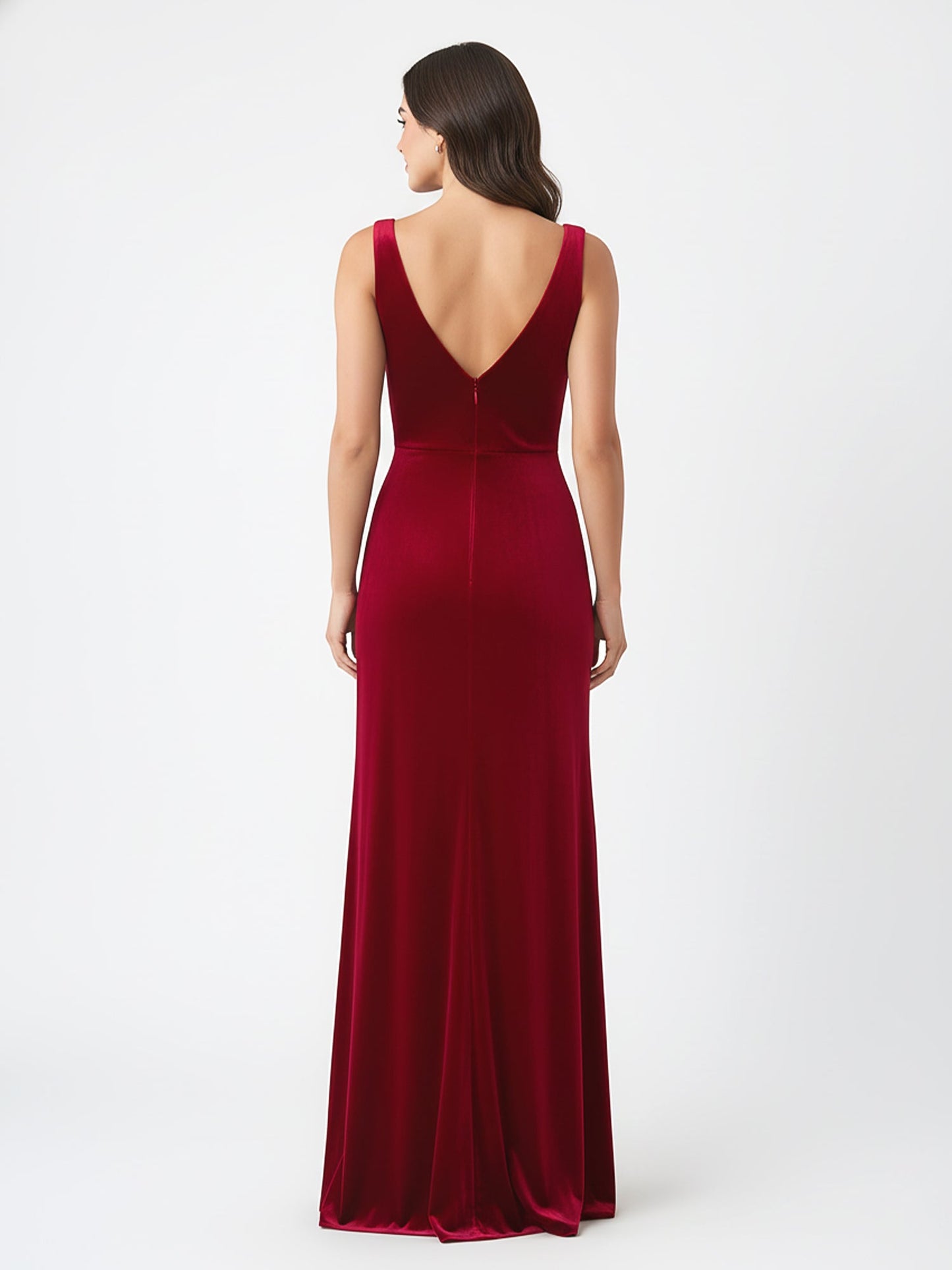 Sheath Deep V-Neck Sleeveless Velvet Dresses Burgundy