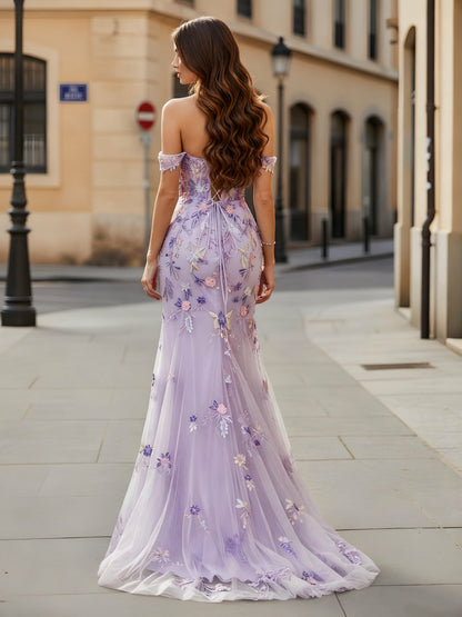 Off-the-shoulder Mermaid Appliqued Dress With Slit Lilac