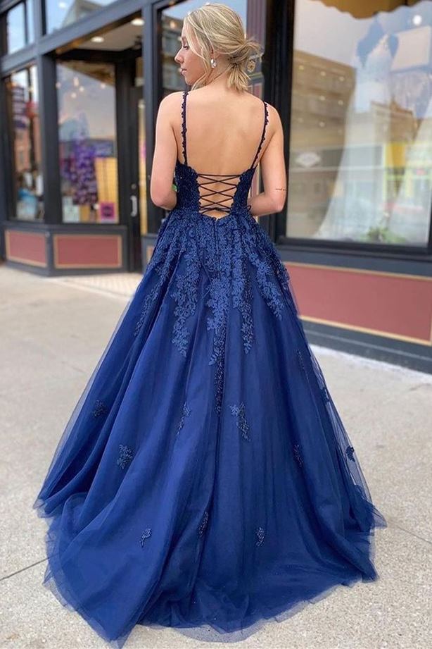 Dark Blue Lace Appliqués V-Neck Lace-Up A-Line Prom Dress