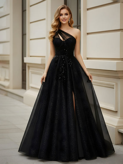 Glitter Tulle One-Shoulder High-Slit Gown Black