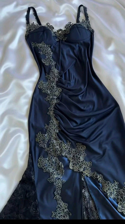 Blue gorgeous exquisite applique lace spaghetti straps long satin prom dress evening dress party dress gh3335