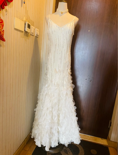 Dreamy White Mermaid Beaded 3D Petal Sequin Long Prom Dress Evening Dress cc5334