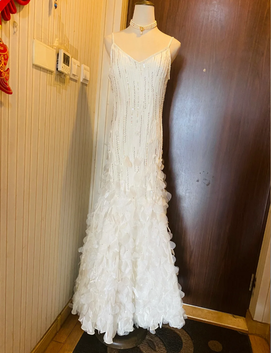 Dreamy White Mermaid Beaded 3D Petal Sequin Long Prom Dress Evening Dress cc5334