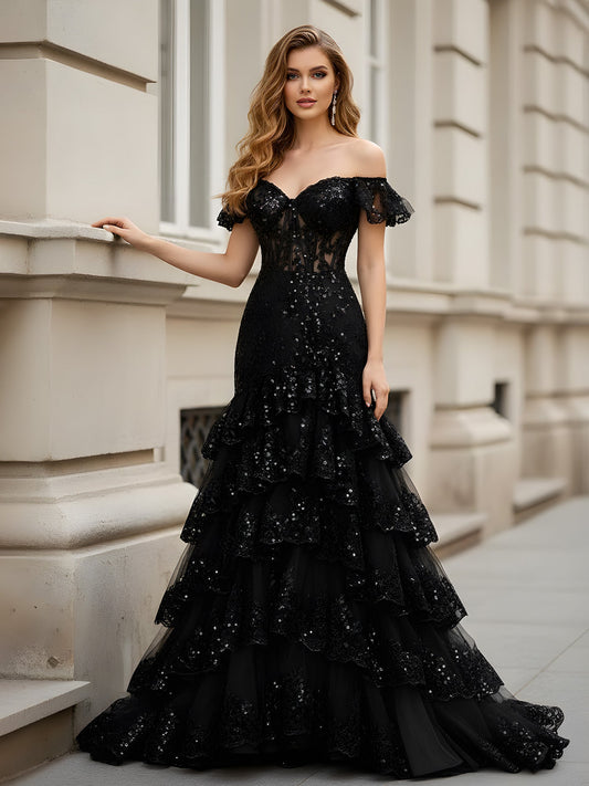 Sheer Corset Bodice Sequin Embroidered Prom Dress Black