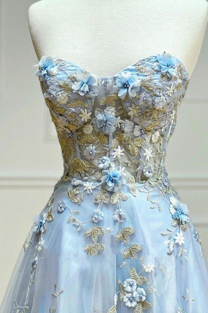 Vintage Light Blue Sweetheart Applique Strapless Design A-Line Evening Dress Prom Dress HZ1024