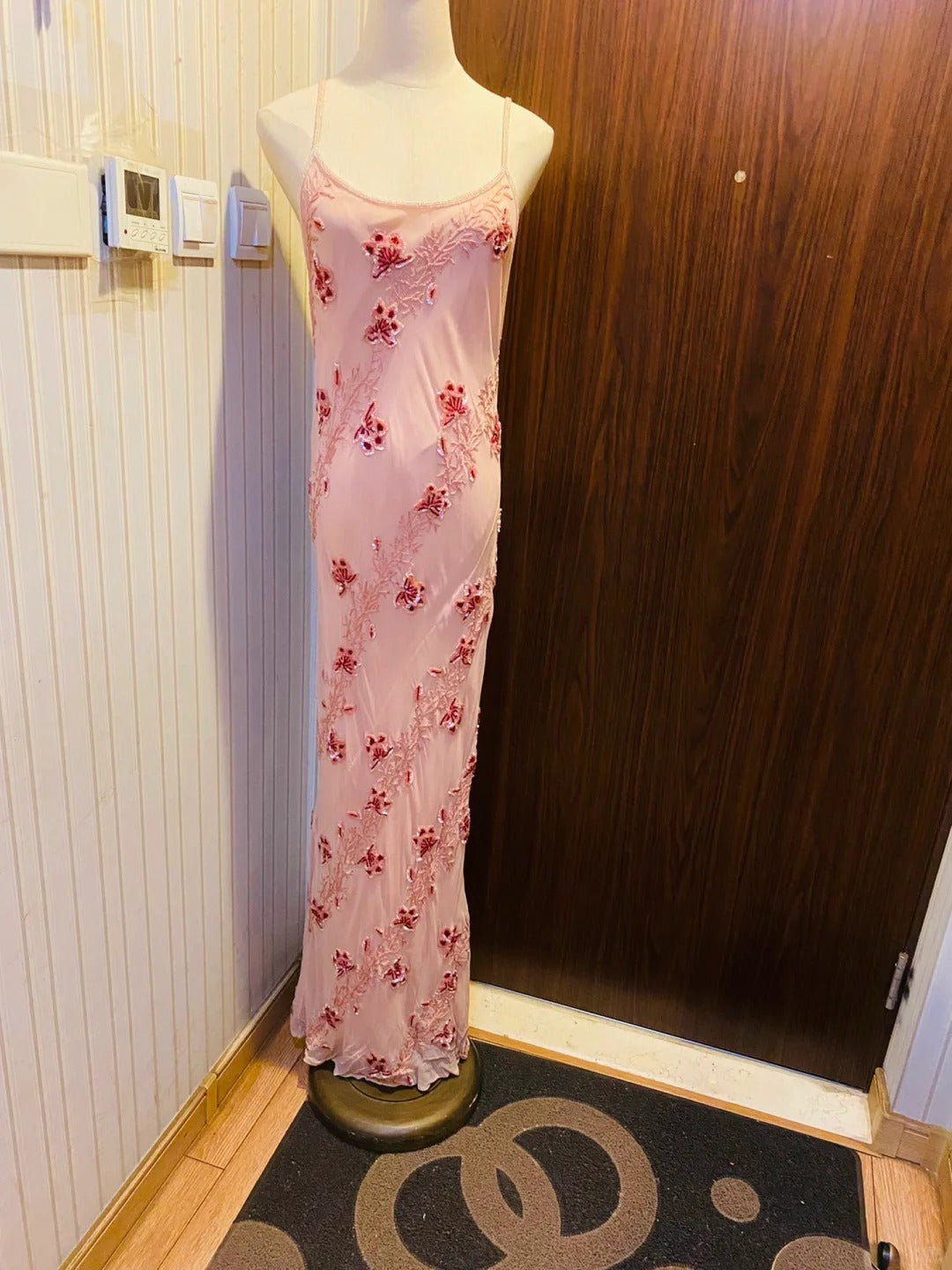 Sweet Pink Sequined Beaded Halter Chiffon Long Prom Dress Evening Dress cc5336