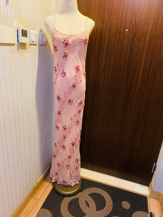 Sweet Pink Sequined Beaded Halter Chiffon Long Prom Dress Evening Dress cc5336