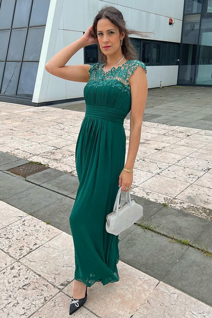Hunter Green Chiffon Lace Cap Sleeve Bridesmaid Dress